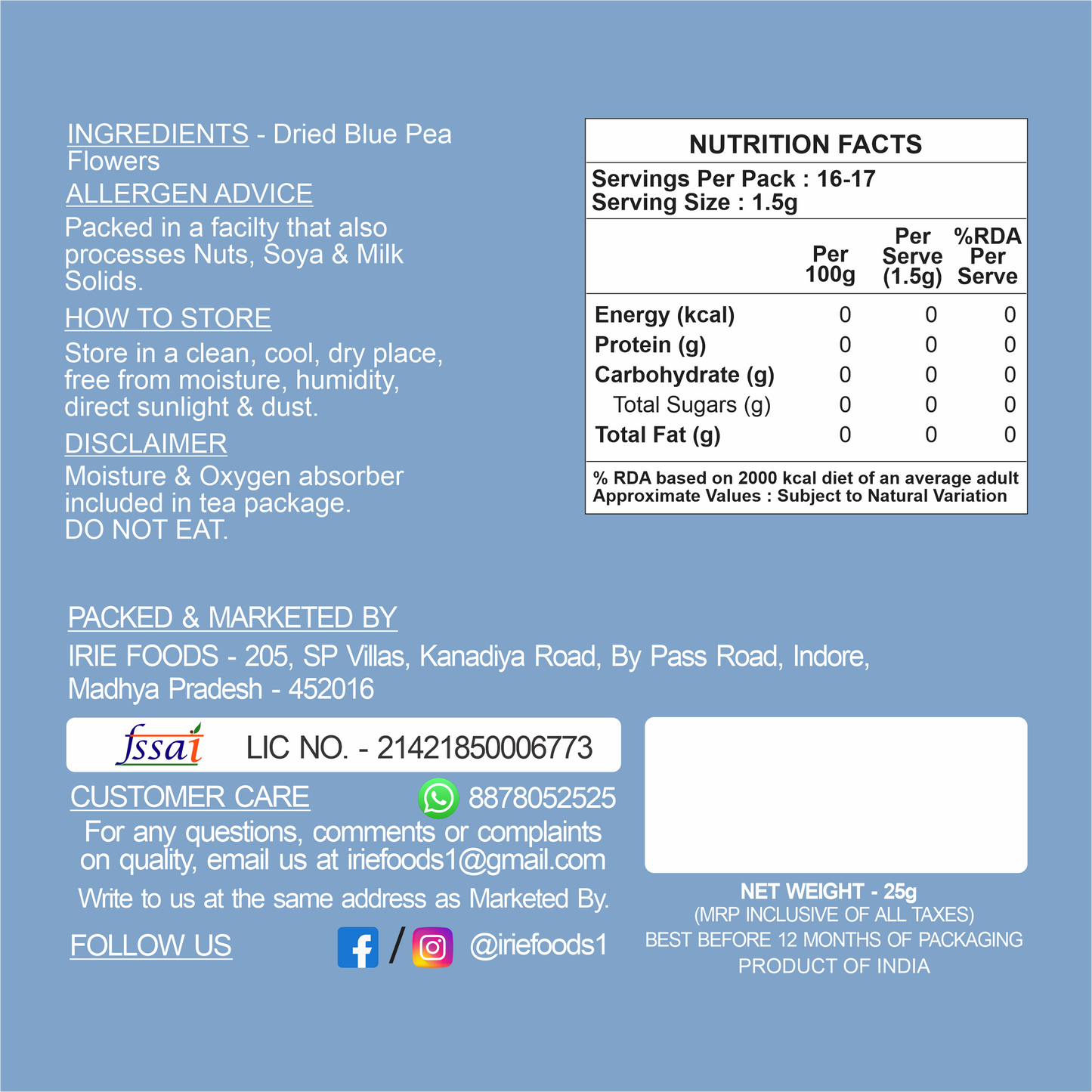 Trusha By Irie Butterfly Blue Pea Tea, Natural Flowers, Tea for weight loss and meditation. Color Changing Tea. Nutritional information.