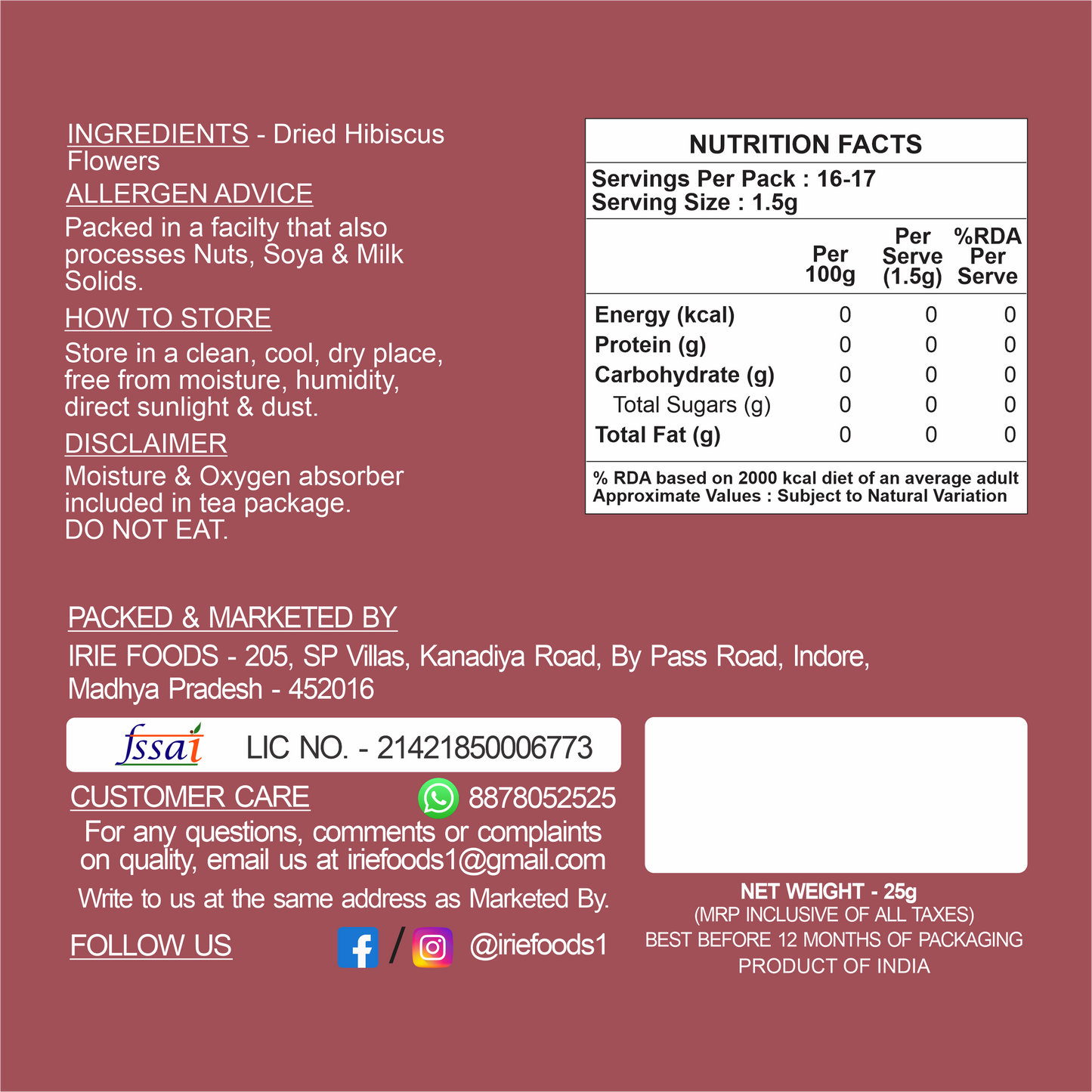 Trusha By Irie Hibiscus Flower Tea, Natural Detox Tea. , Dried Hibiscus Flowers. Stress Releasing Tea. Calming Tea. Nutritional information.