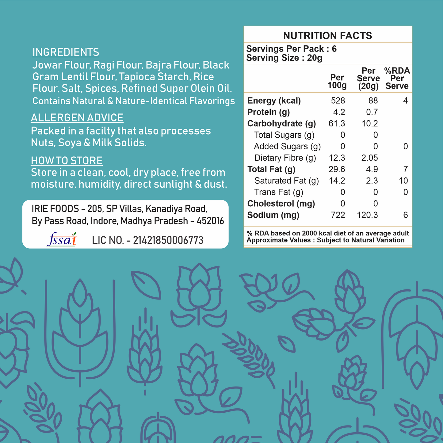 Irie Millet Bhujia, Made with Ragi Jowar Bajra, High Fiber Gluten Free Snacks. Modern Indian Snack Nutritional Information