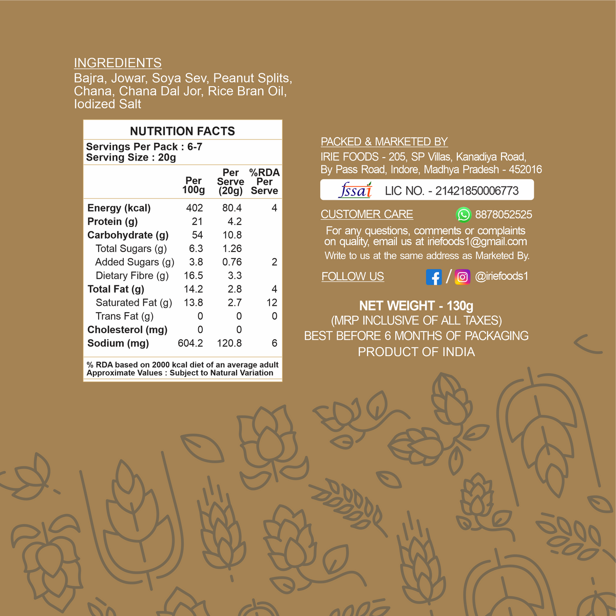 Irie Roasted Millet Bhel Healthy Indian Snack with Ragi Jowar Bajra Snack Nutritional Information