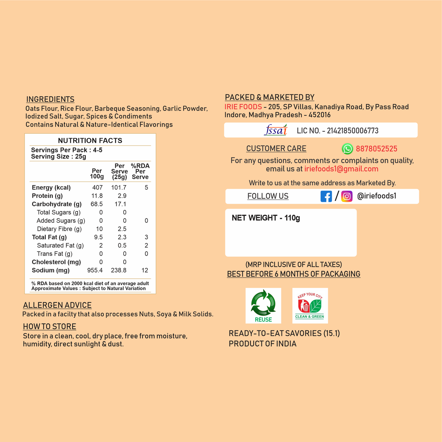Irie Oats Puffs in Barbeque Flavour, Roasted Low Carb Snacks, Protein Rich and Gluten Free Snacks for Adults and Kids Nutritional Information.