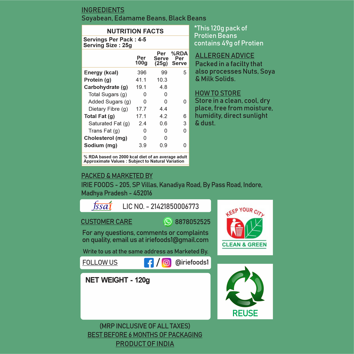 Irie Protein Beans 3 in 1 Mix of Roasted Edamame, Soybeans & Black Beans. High Protein Snack Nutritional Information