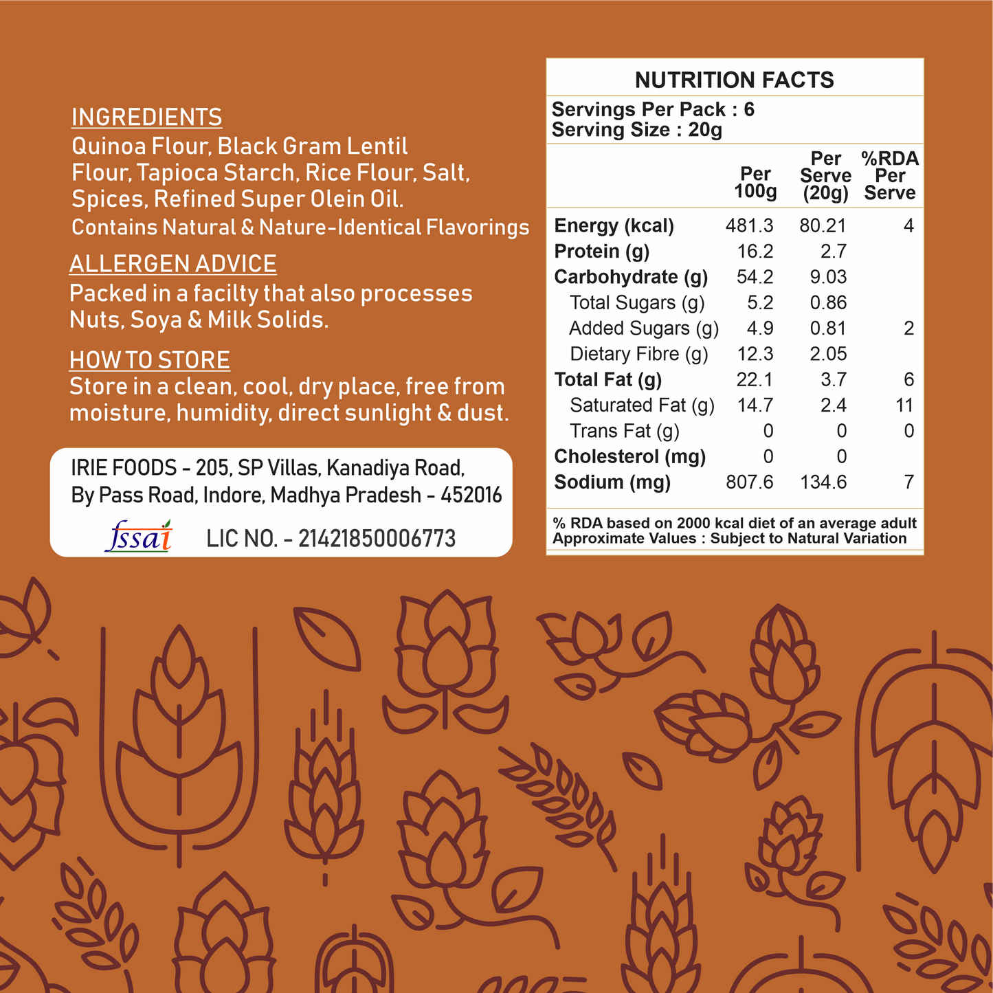 Irie Quinoa Bhujia, High Protein Snack. High Fiber Gluten Free Snacks. Modern Indian Snack Nutritional Information