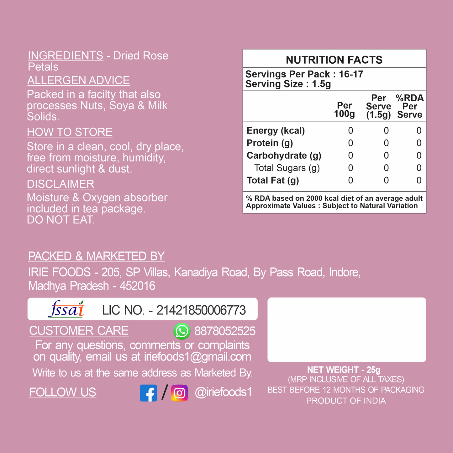 Trusha By Irie Rose Flower Tea, Natural Detox Tea for Skincare, Dried Rose Petals. Nutritional information.