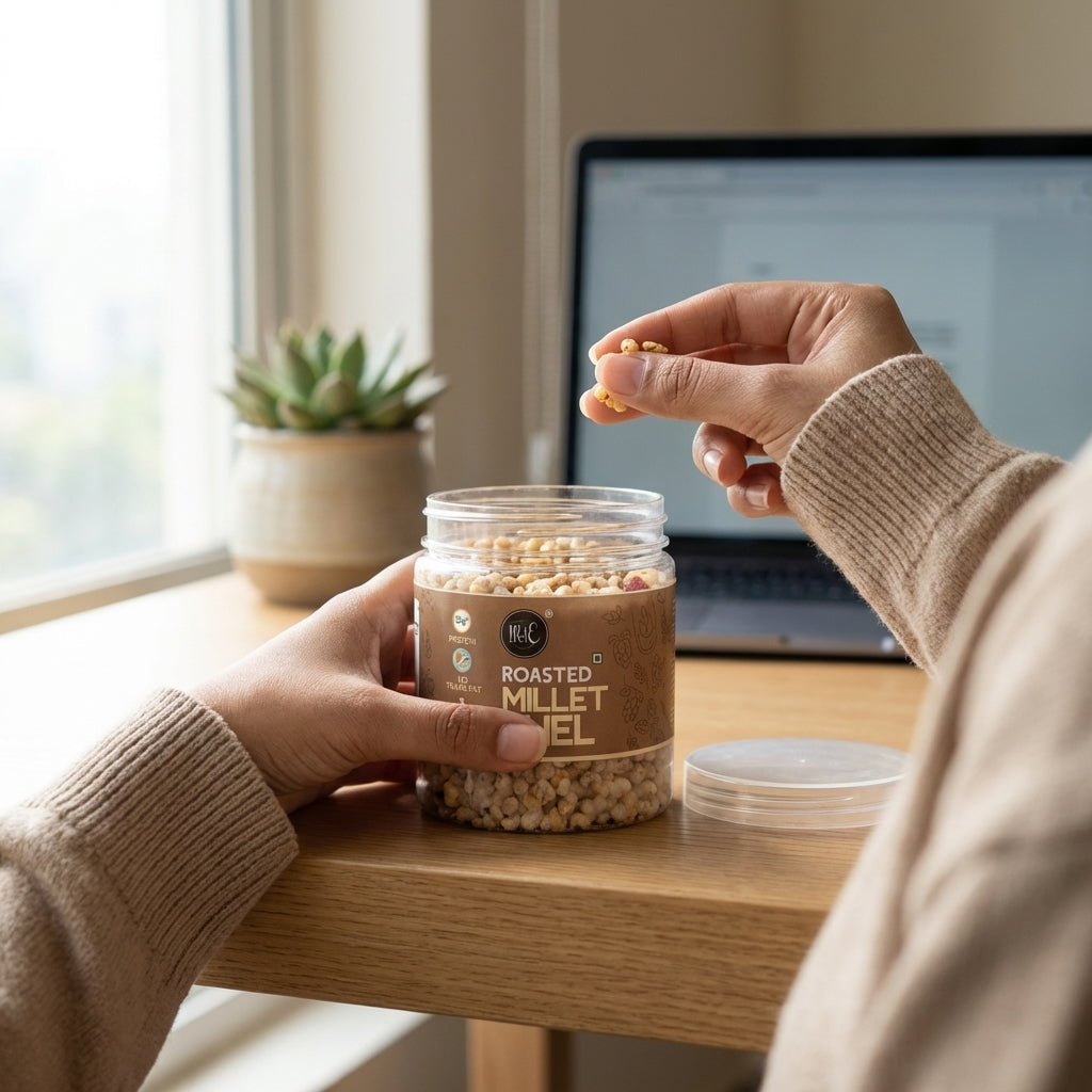 Irie Roasted Millet Bhel Healthy Indian Snack with Ragi Jowar Bajra Office Snacking.