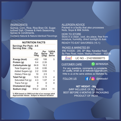 Irie Quinoa Puff Cheese & Herb Flavor Healthy Roasted Snack for Adults and Kids Nutritional Information 