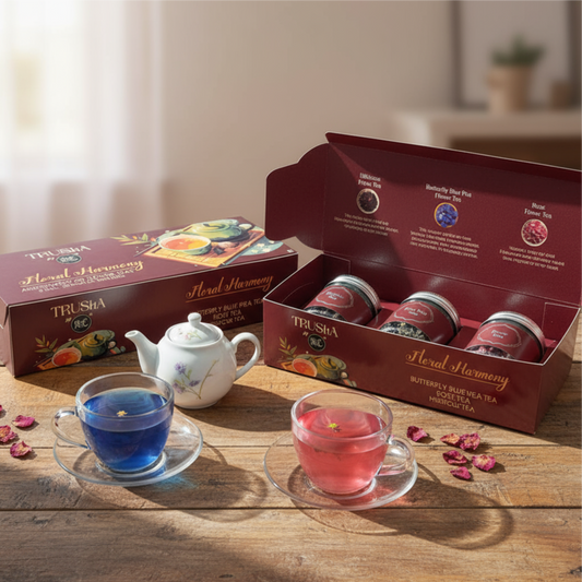 Trusha By Irie Tea Gift Box, thoughtful gift for birthdays, anniversary. Diwali Gifting. Flower Tea Gift Set with 3 Tea, Blue Pea Tea, Hibiscus & Rose Tea