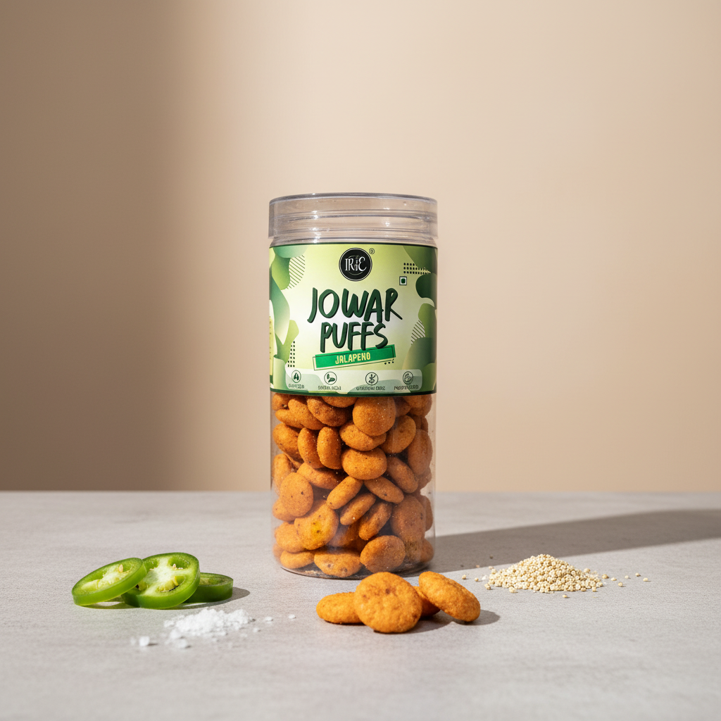 Irie Jowar Puffs Jalapeno, Roasted Snacks for Adults and Kids. Gluten Free and Protein Rich Snacks. Healthy Snacks for Gifting.