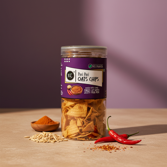 Irie Peri Peri Oats Chips, healthy Roasted Chips made with oats. High Protein and Gluten Free Snacks for Adults and Kids. Party Snacks. Healthy Snacks for Gift Hampers.