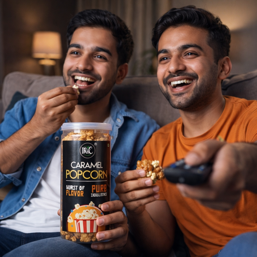 Irie Caramel Popcorn, classic movie time snack, buttery and rich caramel coated popcorn. Snacks for Adults & Kids.