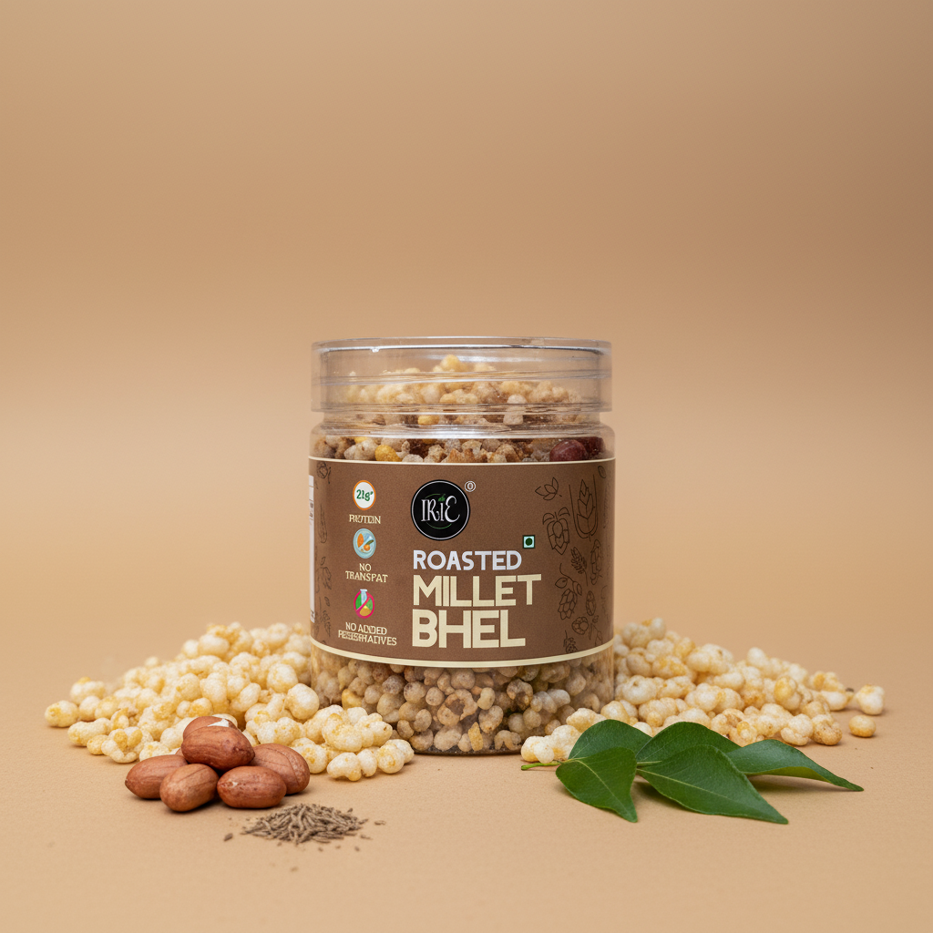 Irie Roasted Millet Bhel Healthy Indian Snack with Ragi Jowar Bajra. Tea Time Snacking.