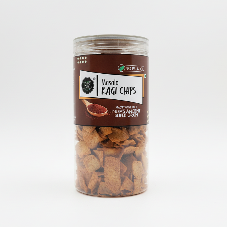 Irie Ragi Chips in Indian Masala Flavor. High Protein Snack, Gluten Free, Tea Time Snacking, Travel Friendly Snacks.