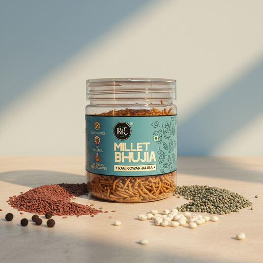Irie Millet Bhujia, Made with Ragi Jowar Bajra, High Fiber Gluten Free Snacks. Modern Indian Snack