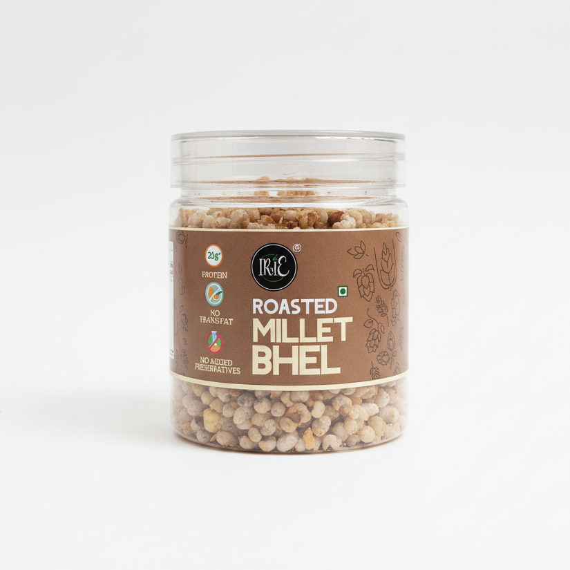 Irie Roasted Millet Bhel Healthy Indian Snack with Ragi Jowar Bajra Benefits. Healthy Snacks for Gifting.