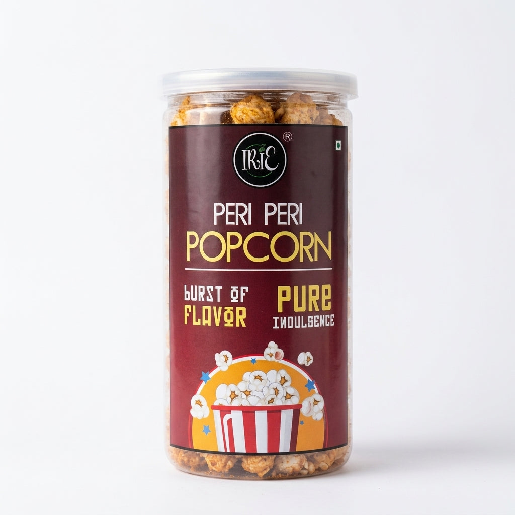 Irie Peri Peri Popcorn, classic movie time snack, bold and spicy peri peri coated popcorn. Snacks for Adults & Kids. Party Snacks.