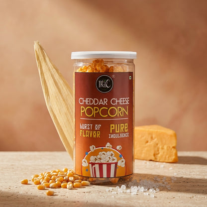 Irie Cheddar Cheese Popcorn, classic movie time snack, cheesy and tangy cheddar cheese coated popcorn. Snacks for Adults & Kids.