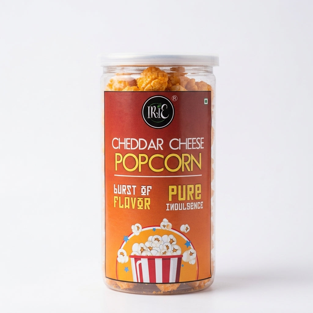 Irie Cheddar Cheese Popcorn, classic movie time snack, cheesy and tangy cheddar cheese coated popcorn. Snacks for Adults & Kids.