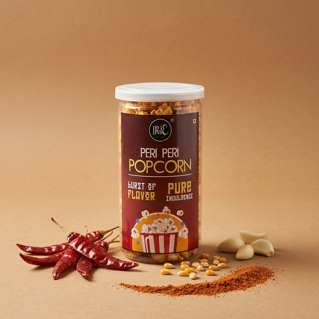 Irie Peri Peri Popcorn, classic movie time snack, bold and spicy peri peri coated popcorn. Snacks for Adults & Kids. Party Snacks.