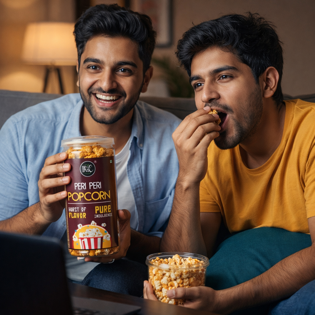 Irie Peri Peri Popcorn, classic movie time snack, bold and spicy peri peri coated popcorn. Snacks for Adults & Kids. Party Snacks.