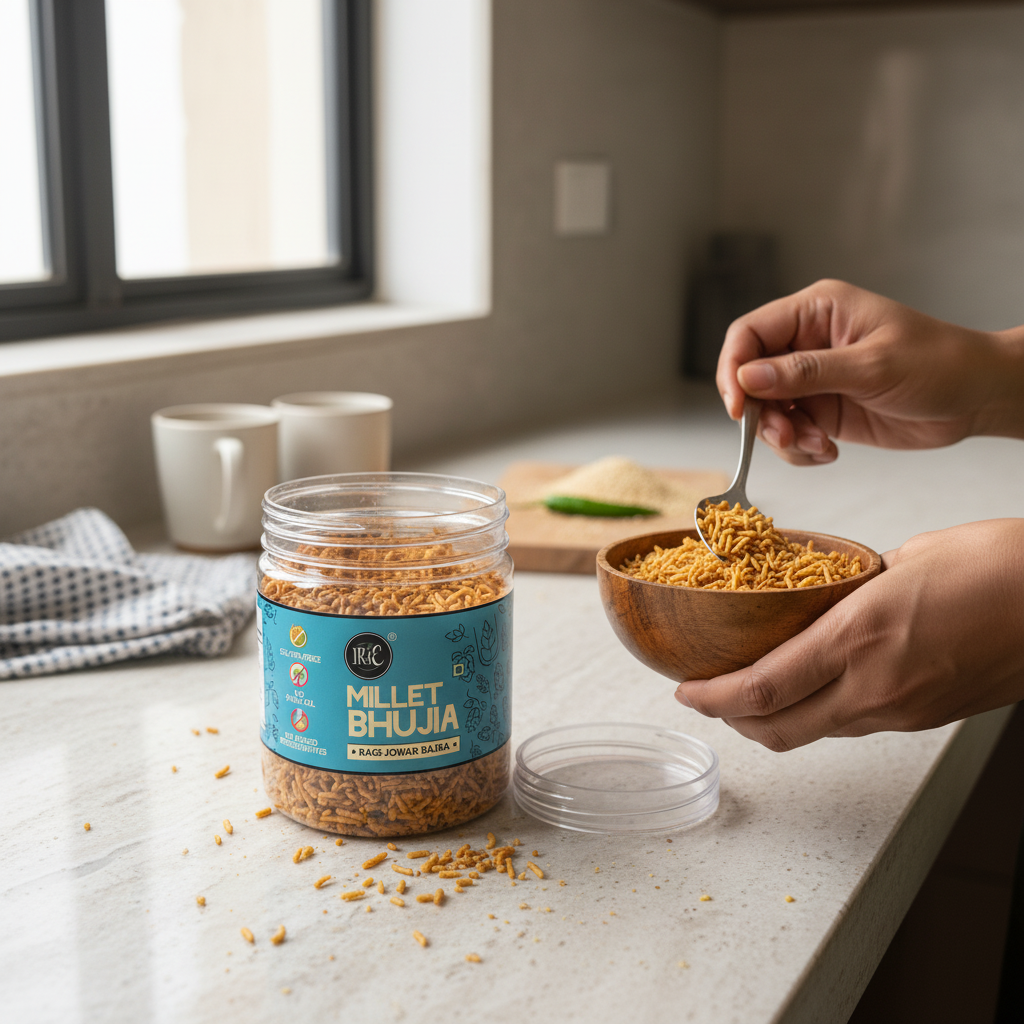 Irie Millet Bhujia, Made with Ragi Jowar Bajra, High Fiber Gluten Free Snacks. Modern Indian Snack for Tea Time Snacking