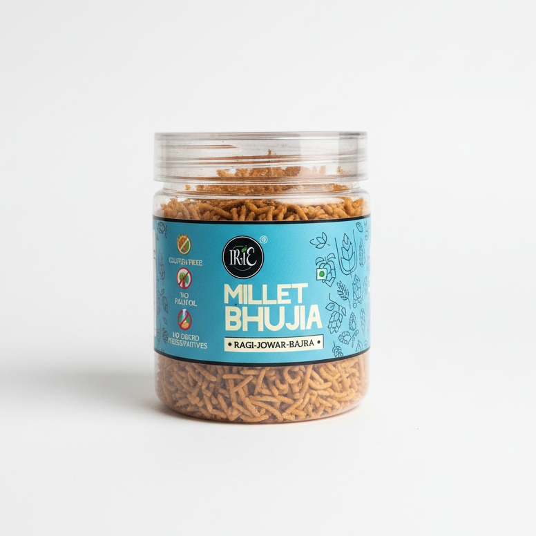 Irie Millet Bhujia, Made with Ragi Jowar Bajra, High Fiber Gluten Free Snacks. Modern Indian Snack