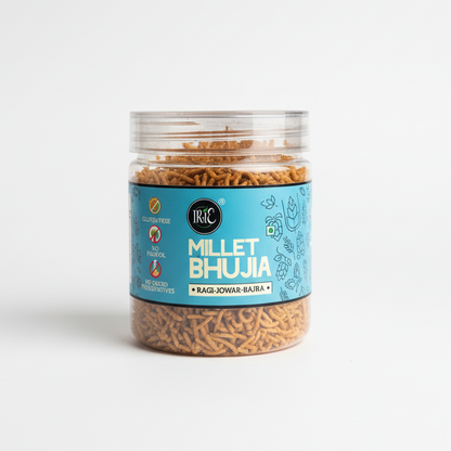 Irie Millet Bhujia, Made with Ragi Jowar Bajra, High Fiber Gluten Free Snacks. Modern Indian Snack