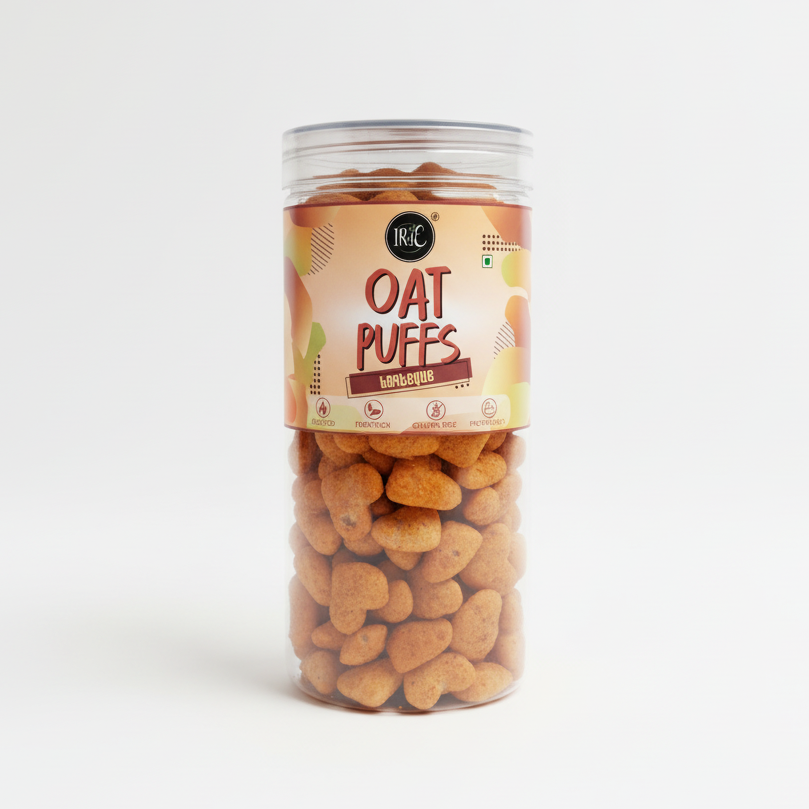 Irie Oats Puffs in Barbeque Flavour, Roasted Low Carb Snacks, Protein Rich and Gluten Free Snacks for Adults and Kids