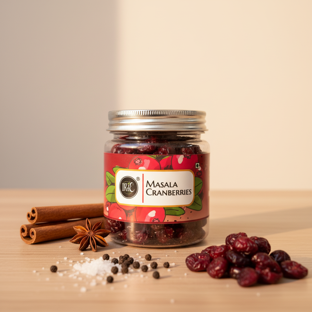 Irie Masala Cranberries, Dried Cranberries with Indian Spices. Mukhwaas, New Fruit Snacks for Adults and Kids. Healthy Snacks for Gifting