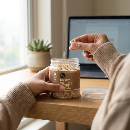 Irie Roasted Millet Bhel Healthy Indian Snack with Ragi Jowar Bajra Office Snacking.