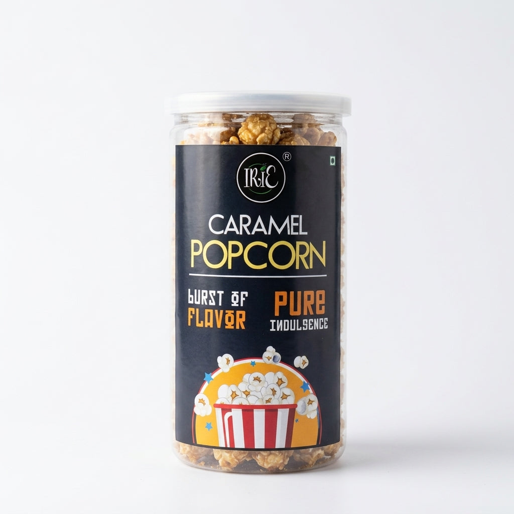 Irie Caramel Popcorn, classic movie time snack, buttery and rich caramel coated popcorn. Snacks for Adults & Kids.