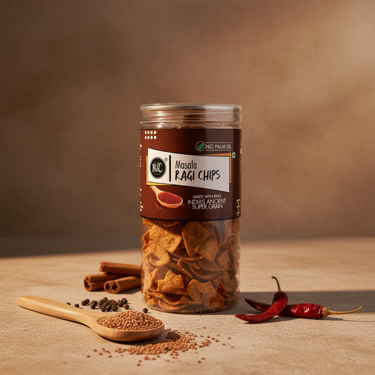 Irie Ragi Chips in Indian Masala Flavor. High Protein Snack, Gluten Free, Tea Time Snacking, Travel Friendly Snacks.