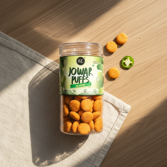Irie Jowar Puffs Jalapeno, Roasted Snacks for Adults and Kids. Gluten Free and Protein Rich Snacks.